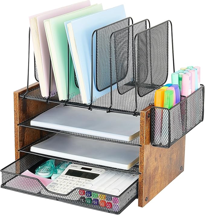 OPNICE Desk Organizer, 4-Tier Desktop File Organizer with Drawer and 2 Pen Holders, Office Desk Accessories