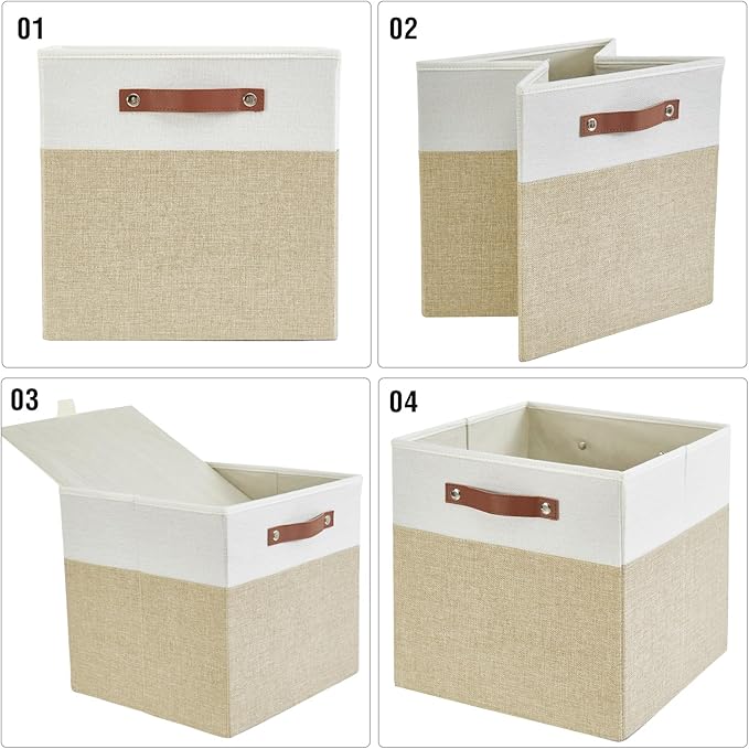 Bagnizer 13x15x13 Storage Cube Bins, Foldable Storage Organizer Baskets, Fabric Cube Storage Boxes with 2 Reinforced PU Handles for Kallax, Shelves, Living Room | 4 Pack, Beige & White