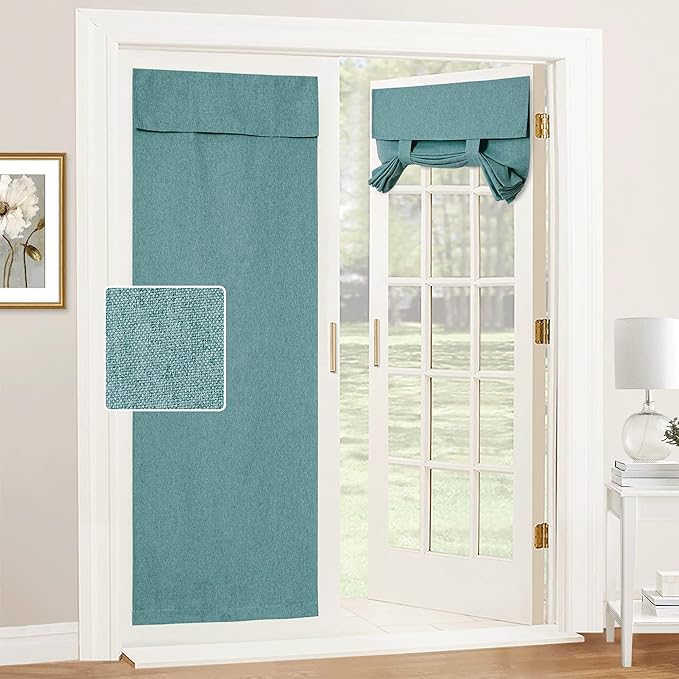 RYB HOME Tricia Door Curtains, Durable High Woven Linen Window Blinds Vertical Privacy Room Darkening Patio/French Door Drapery Sidelight Curtain, W26 x L69, 1 Pc, Turquoise