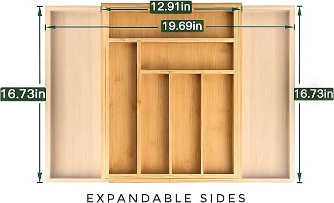 Bamboo Drawer Organizer, Expandable 8-Slot Silverware & Utensil Tray for Kitchen Drawers, Fits 13–19.5 Inch Drawers, Deep Compartments