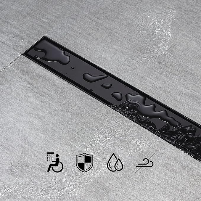 SaniteModar Linear Shower Drain,Black Shower Drain 60 inch with Flat and Tile Insert 2 in 1 Panel, with Hair Strainer and Leveling Feet