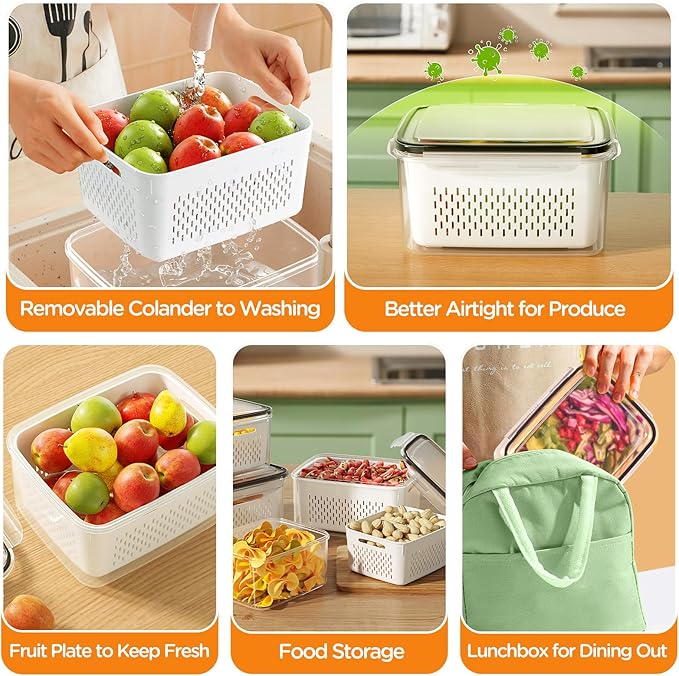 6 PCS Fruit Storage Containers for Fridge with Removable Colanders, 6 Plastic Food Storage Containers with 6 Lids