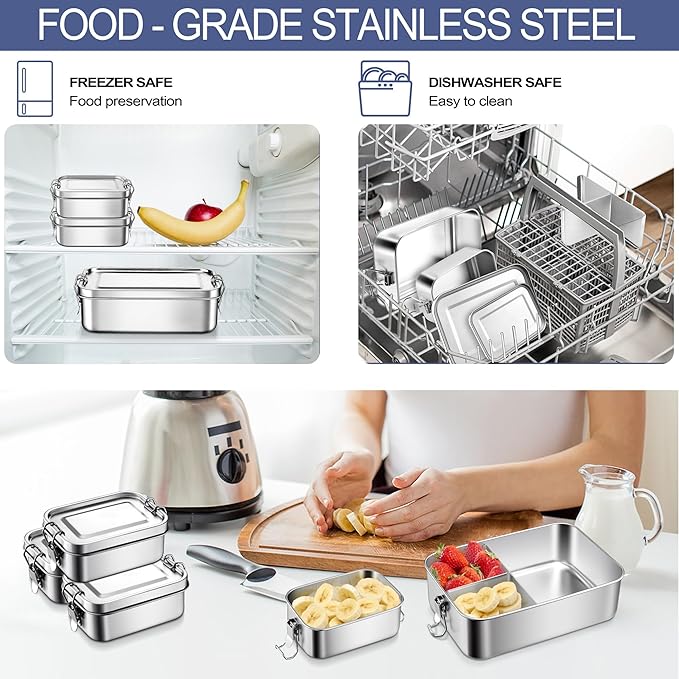 E-far Stainless Steel Bento Box, Mini 550ml Metal Lunch Box, 18.6oz Leak-Proof Food Snack Container with Lids, Reusable Meal Storage for Camping Picnic Travel Work