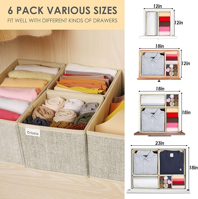 Criusia Underwear Drawer Organizer, 6 Set Foldable Underwear Drawer Organizer and Closet Dividers,Storage Box for Clothes, Socks, Underwear (6 Bins, Beige)
