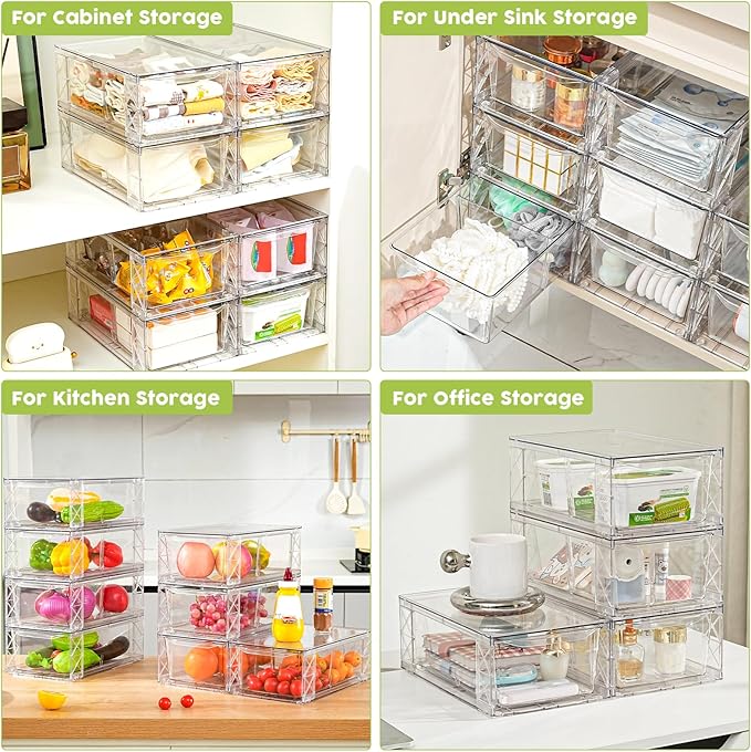 Plastic Drawers Storage, 6Pack Clear Stackable Storage Drawers, Acrylic Storage Bins with Drawers for Fridge Organizers, PlasticDrawers Stackable for Makeup Organizers Cosmetic Display, Medium