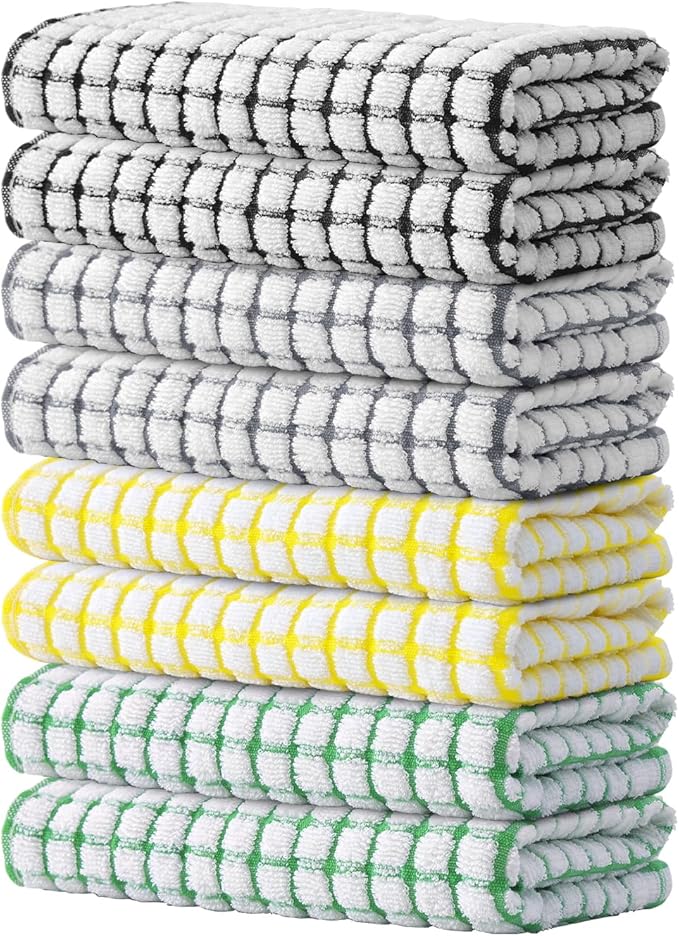 Kitinjoy Cotton 8 Pack Terry Kitchen Towels, 16 x 25 Inches Super Soft and Absorbent Dish Towels, Quick Drying Hand Towels for Kitchen Drying, Multi-Colored