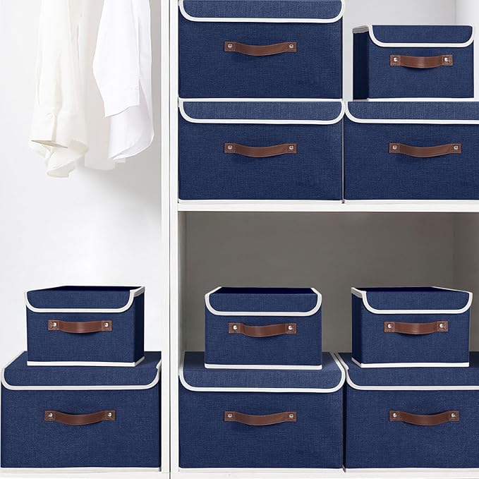 ANMINY Storage Bin with Lid Storage Boxes with PU Leather Handles PP Plastic Board Decorative Foldable Lidded Cotton Linen Fabric Home Cubes Baskets