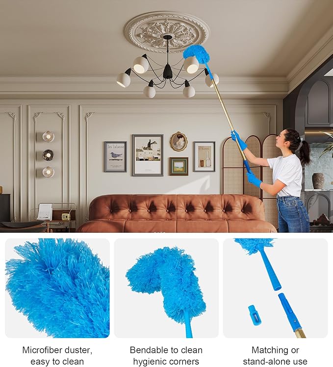 2 in 1 Window Squeegee Cleaning Kit with Aluminum Alloy Extension Poles, Scrubber, Glass Scrapper, Bendable Duster,2 Scrubber Cloth for Window, Car