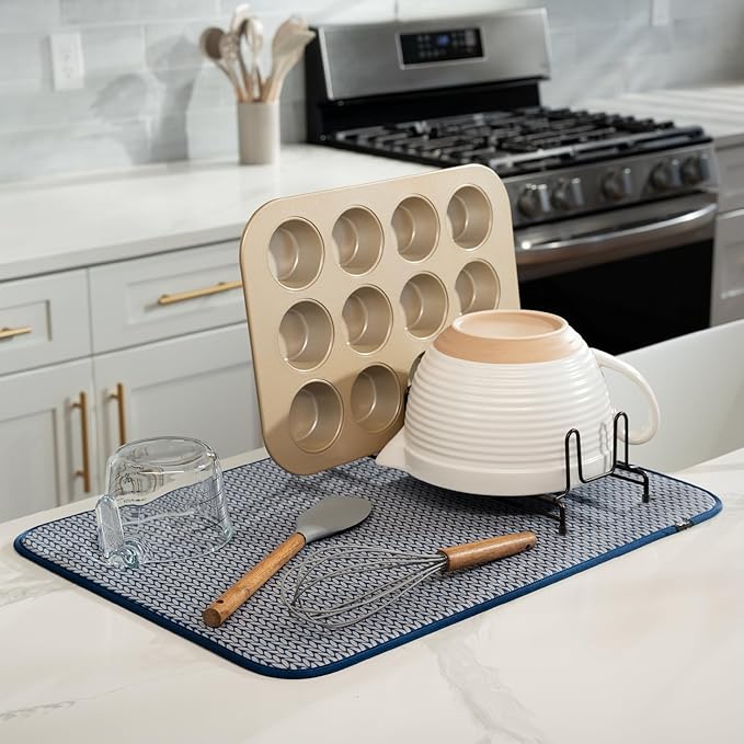 INC. Dish Drying Mat XL, 18” x 24”, Blue Stockinette