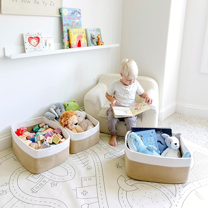 NaturalCozy Storage Baskets 16.8”x13”x7.6” Cotton Rope Woven Baskets for Organizing 3-Pack | Toy Storage Bins | Basket for Shelves, Laundry, Blanket