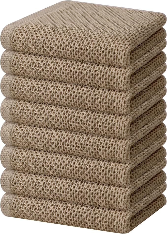 Homaxy 100% Cotton Waffle Weave Kitchen Dish Towels, Ultra Soft Absorbent Quick Drying Cleaning Towel, 13 x 28 Inches, 8-Pack, Tan