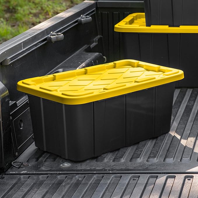 Sterilite 17 Gal Industrial Tote, Stackable Storage Bin with Snap-Fit Lid for Garage, Basement & Attic Storage, Black Base and Yellow Lily Lid, 6-Pack