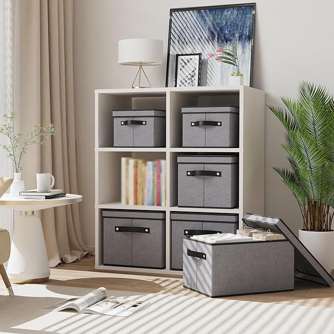 Storage Boxes, 7.1 x 9.1 x 13 Inch Closet Organizers for Shelves Bedroom Office with Handles, Storage Bins with Lids, Gray, 3-Pack