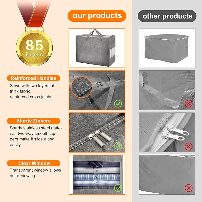 2 Pack 85L Comforter Storage Bags, Extra Large Bedding Storage Bags with Clear Window, Reinforced Handles & Zippers, Foldable Closet Organizers for Blanket Pillow Clothes