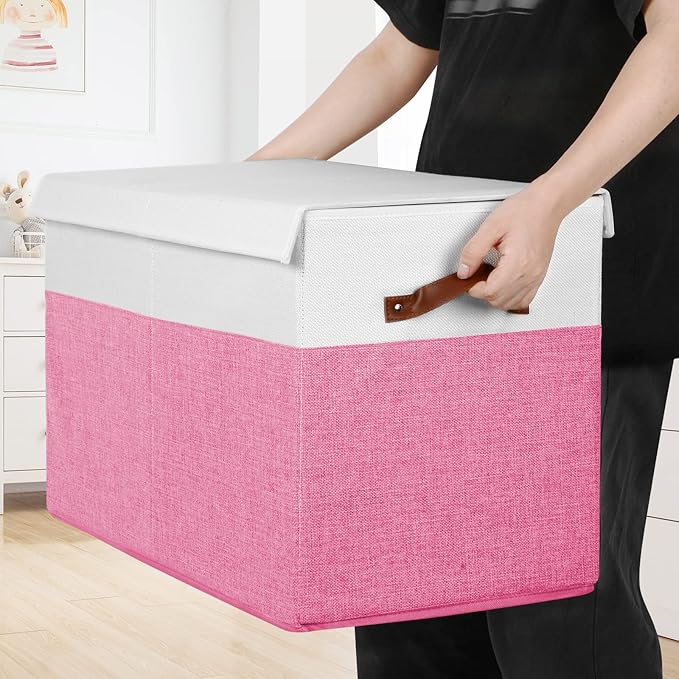 Gowee Large Toy Box with Lid, Sturdy Toy Storage Chest Bin Boxes Organizer Basket with Dividers for Toddlers, Kids, Boys, Girls, Nursery, Closet, Bedroom, Playroom 25"x13" x16" (Pink and White)