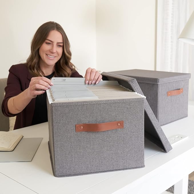 ZICOTO Decorative File Organizer Box Set of 2 - Collapsible Linen Filing Cabinets w/Handles Are Perfect to Store all Your Documents & Hanging File
