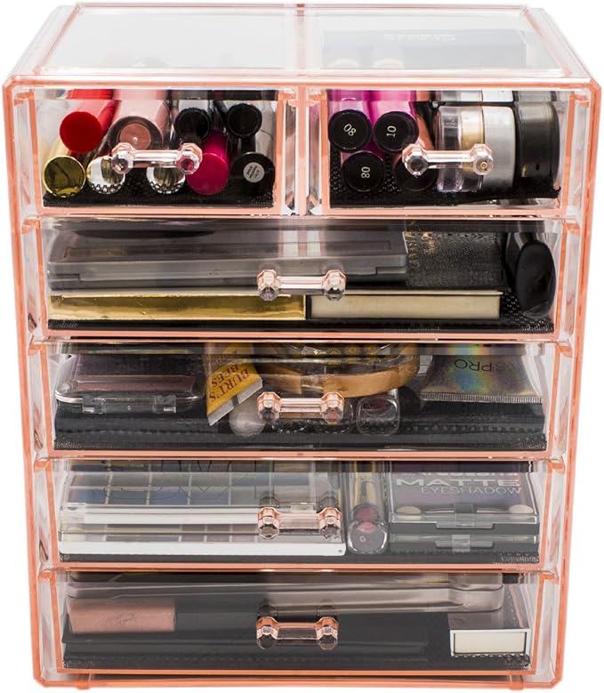 Sorbus Acrylic Makeup Organizer Set, 6-Drawer Vanity & Countertop Cosmetic Storage with Small & Wide Drawers, Pink Makeup Storage for Brushes