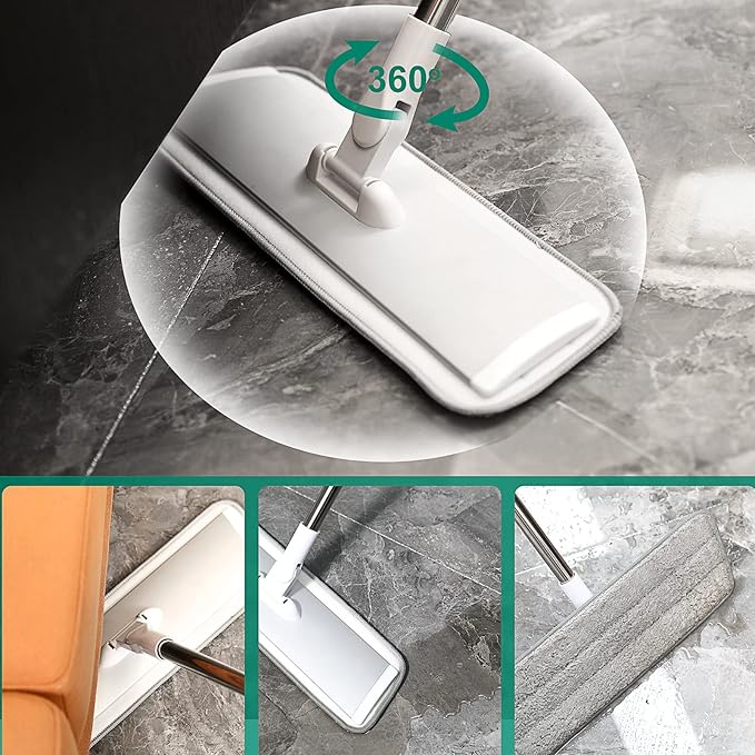 18" Professional Microfiber Mop Floor Cleaning System, Flat Mops with Stainless Steel Handle, 4 Reusable Washable Mop Pads, Wet and Dust Mopping for Hardwood, Vinyl, Laminate (White&Grey)