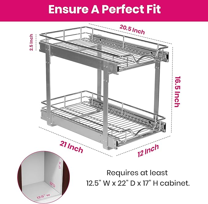2-Tier Pull-Out Cabinet Organizer with Heavy-Duty Steel Frame, Full-Extension Sliding Shelves, Holds 100 lbs, Easy Install for Kitchen