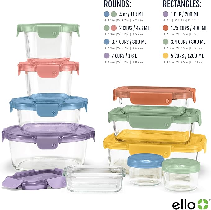 Ello Color Lock 20PC Mixed Glass Food Storage Sets, Leak-Proof Glass Food Storage Containers with Airtight BPA-Free Plastic Lids, Dishwasher