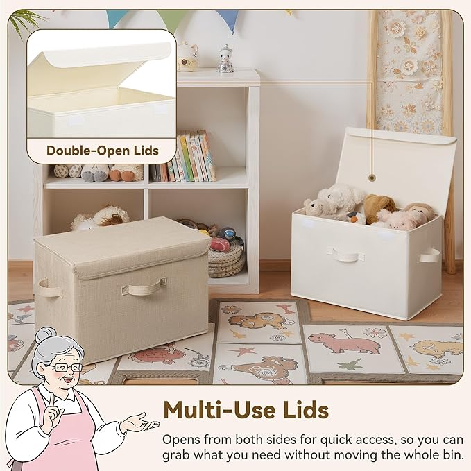 GRANNY SAYS Closet Storage Bins, Decorative Storage Boxes with Lids, Clothes Organizing Bins, Lidded Baskets for Toys, Clothing, Extra Large, Ivory White&Khaki, 2-Pack
