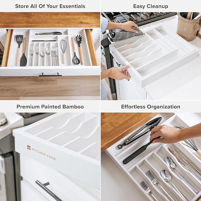 KitchenEdge Premium Silverware, Flatware and Utensil Organizer for Kitchen Drawers, Food-Safe Contract Grade, Expandable from 16 to 28 In, White Bamboo