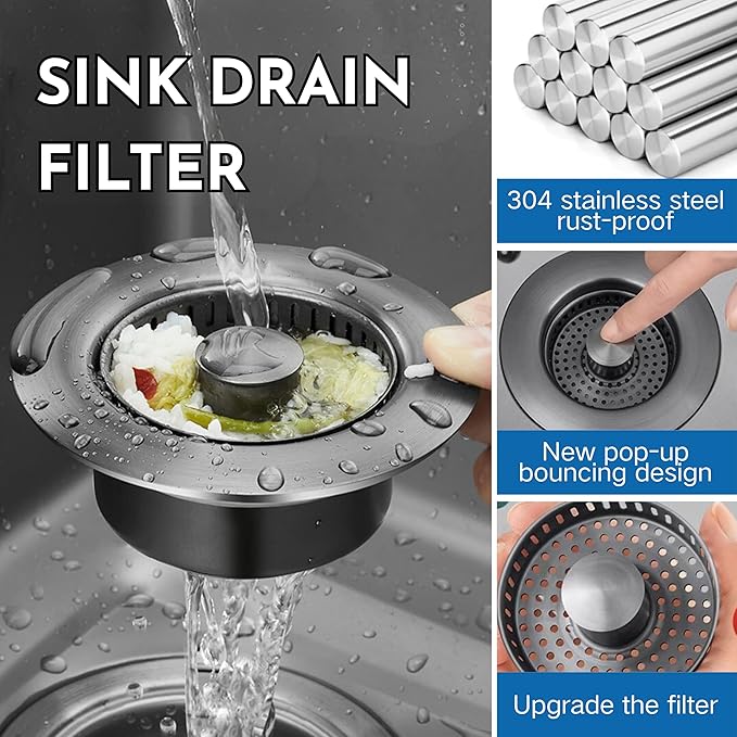 Kitchen Sink Drain Stopper & Strainer Combo, Universal Stainless Steel Sink Drain Stopper (Grey, Fewer holes)