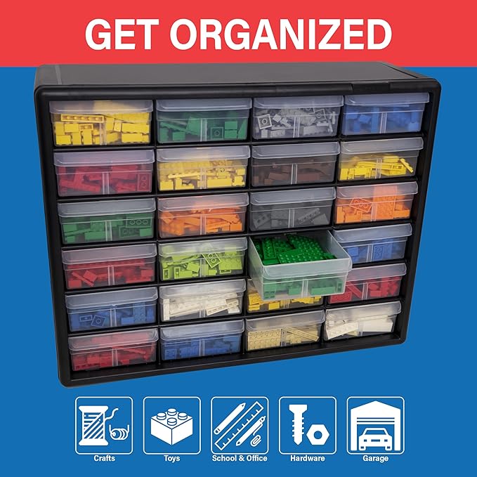 Akro-Mils 24-Drawer Plastic Drawer Storage Cabinet for Garage Organization, Bead Organizer, Building Bricks Storage, Teacher Toolbox, Makeup Organizer, 20" W x 6" D x 16" H, 10124 Black
