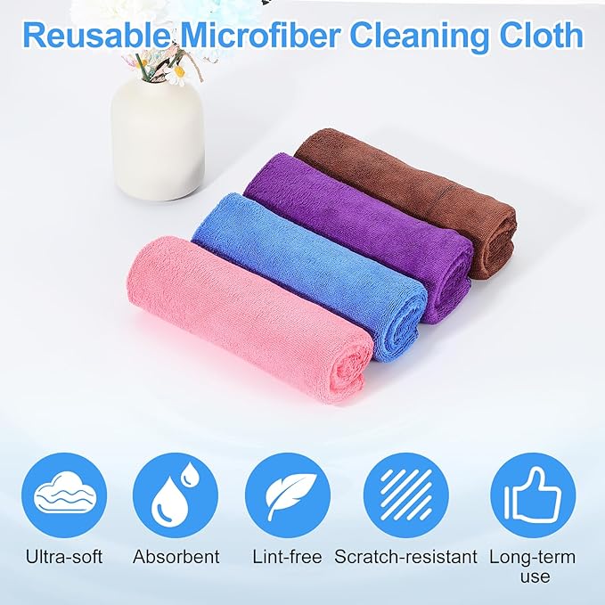 HARFINGTON 2 Pack Microfiber Cleaning Cloth, 16" x 16" Multi-Functional Cleaning Towels Reusable Absorbent Rags for Car Wash Kitchen Household Window Clean, Purple