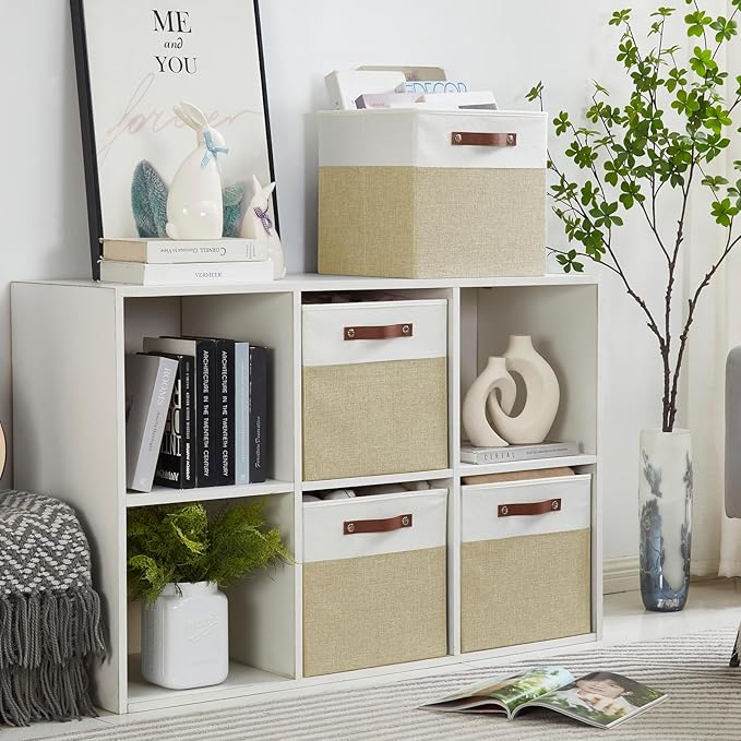 Bagnizer Collapsible Fabric Storage Cube Bins with 2 Reinforced PU Handles, Foldable Storage Organizer Baskets for Closet, Shelves, Living Room | 13"x13"x13", 4 Pack, Beige & White