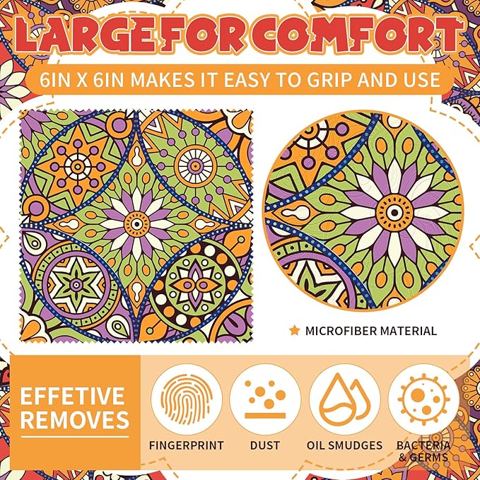 Sinmoe 20 Pcs Microfiber Cleaning Cloth Microfiber Cloth Gift Soft Multicolor Glasses Cleaner for Eyeglasses Camera Lens Cell Phone Screens Glasses, 6 x 6 Inches(Mandala)