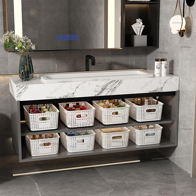 White Plastic Storage Baskets with Lids 12 Pack Stackable Storage Bins