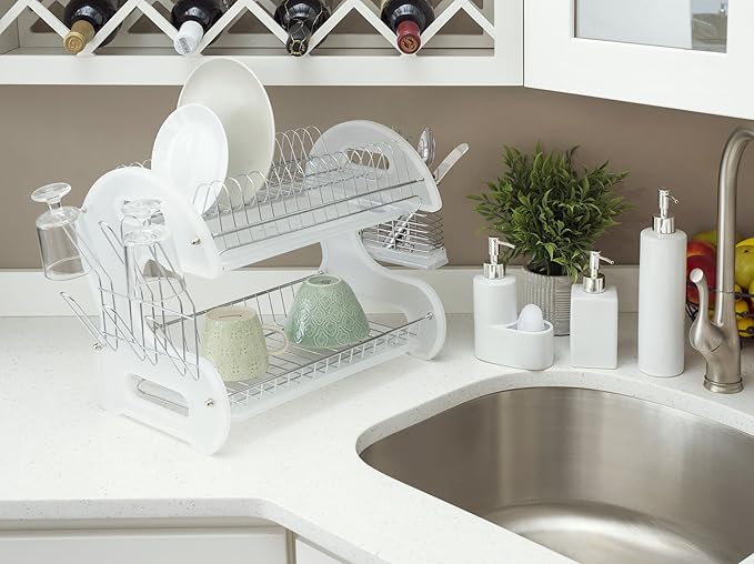 Home Basics Plastic 2-Tier Dish Drainer Rack, Air Drying and Organizing Dishes, Side Mounted Cutlery Holder, White