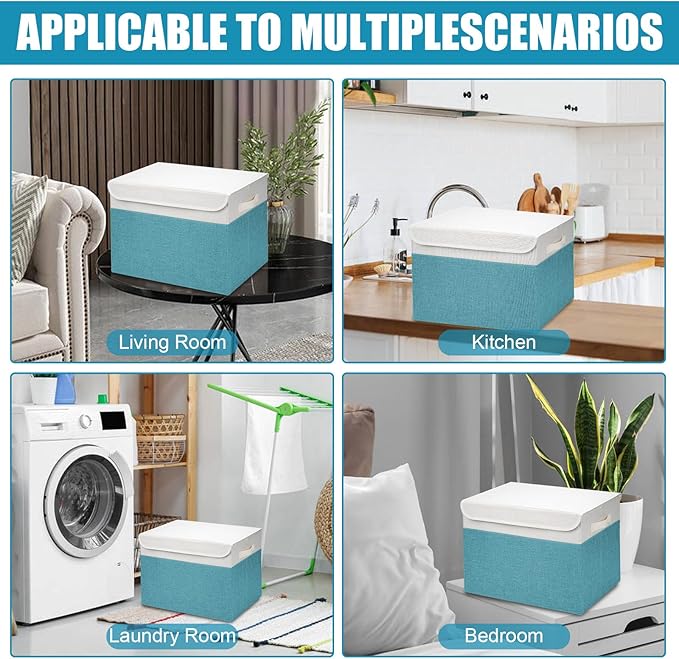 Large 17" 42 Quarts Collapsible Stackable Storage Bins with Lids [3-Pack] Foldable Fabric Linen Storage Boxes Cube