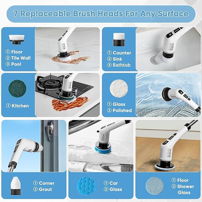 Electric Spin Scrubber, Cordless Cleaning Brush with 9 Replaceable Brush Heads, Tub and Floor Tile 360 Power Scrubber Dual Speed with Adjustable Detachable Handle for Bathroom Kitchen Car (9)