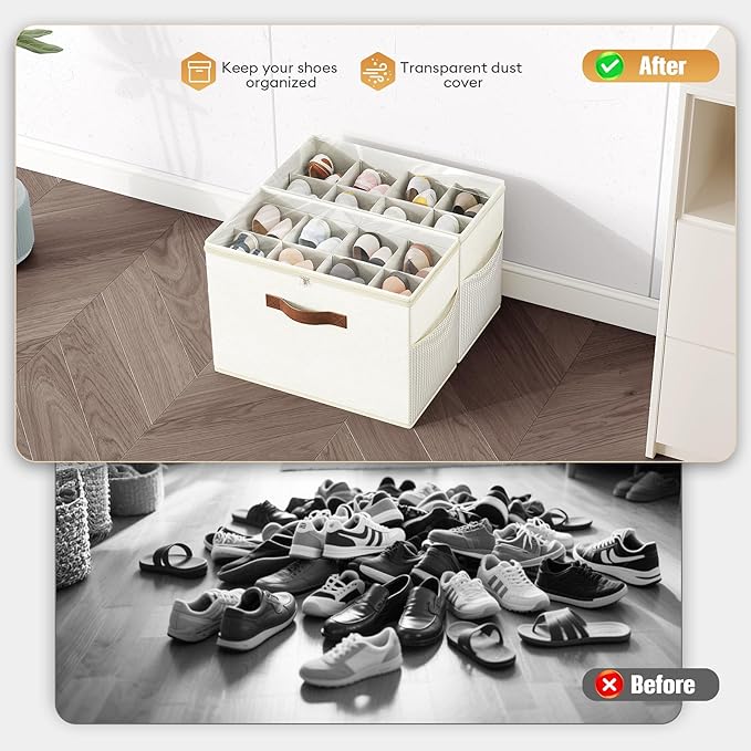 Budding Joy 2 Pack Shoe Organizer for Closet, Clear Foldable Shoe Storage Containers Adjustable Dividers Fits 16 Pairs