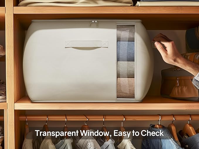 Large Canvas Clothes Storage Bags with Thick Handles and Clear Window, Foldable Cotton Linen Closet Organizer for Clothing, Blankets and Bedding, 70L