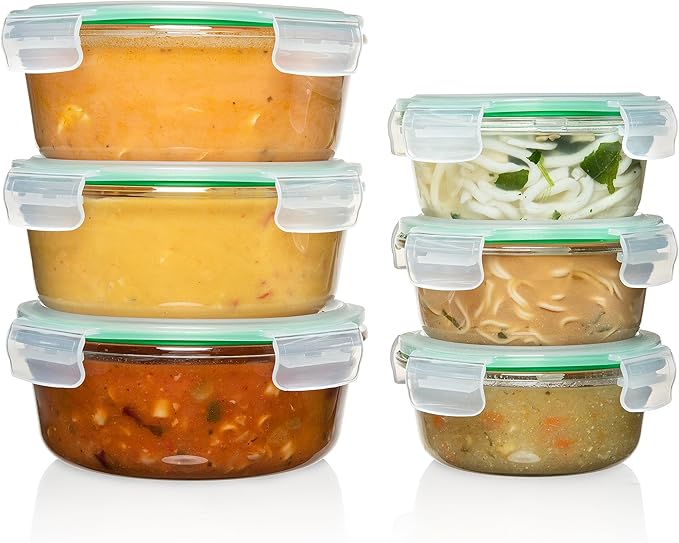 Fusion Gourmet Round Glass Storage Containers with Lids [6 pack] Microwave Safe, Leak-proof, Dishwasher Safe, Oven Safe for Meal Prep Tupperware Set (3 Large + 3 Small, Green)