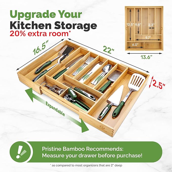 Pristine Bamboo Silverware Organizer, Silverware Tray for Drawer