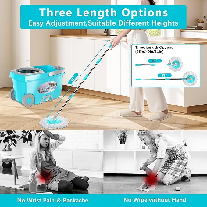 FunClean Spin Mop and Bucket,Mop and Bucket with Wringer Set for Home,360 Spinning Mopping Floor Cleaning Tool with 6 Microfiber Replacement Head Refills,61" Extended Handle, 2X Wheel - Blue