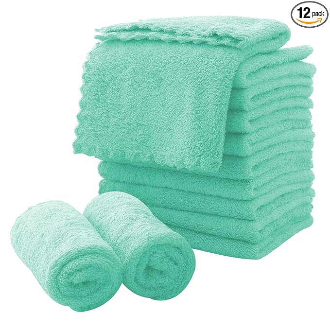 MOONQUEEN Microfiber Facial Cloths Fast Drying Washcloth 12 Pack - Premium Soft Makeup Remover Cloths - Aqua Green