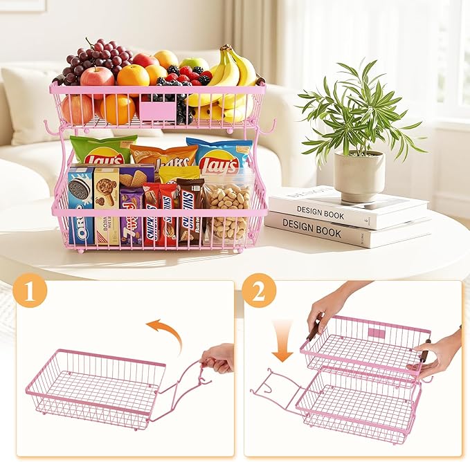 2-Tier Stackable Wire Basket with 2 Banana Hooks, Pantry Organizer for Kitchen Countertops, Cabinets & Under-Sink Spaces; Ideal for Storing Snacks, Fruits, Veggies, Onions, Potatoes, & More，Pink