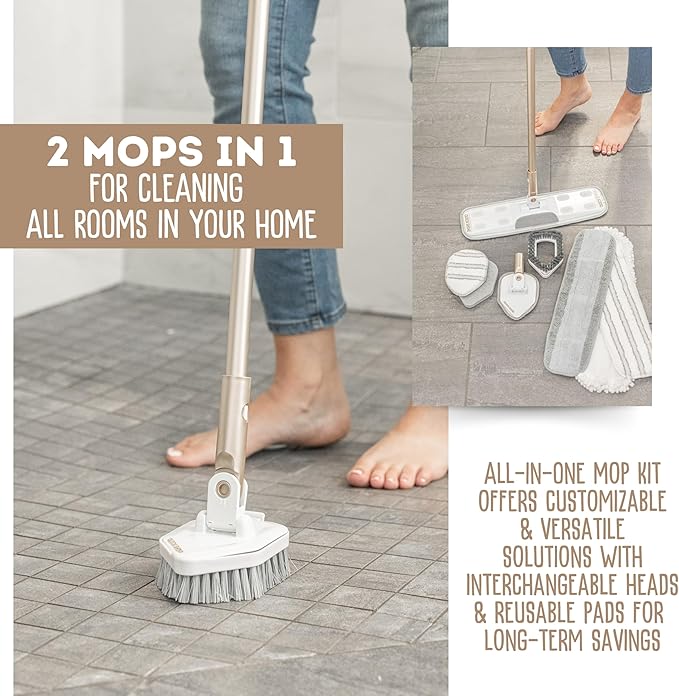 Quick Shine Ultimate Gold Clean + Polish Mop Kit | All-in-One 10 Pc Kit w/Interchangeable Attachments | Floor Polish Included | No Batteries Needed | Pro Cleaning for Hardwood Floors | 2-in-1 Mop
