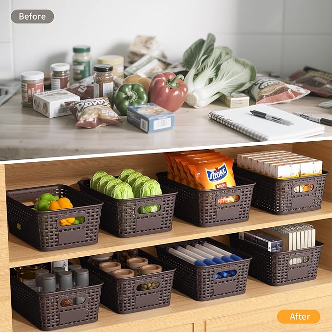 Brown Plastic Storage Baskets - Pack of 8 with Labels Stackable Durable Storage Bins, Storage Containers for Organizing Desktops, Closets, Playrooms