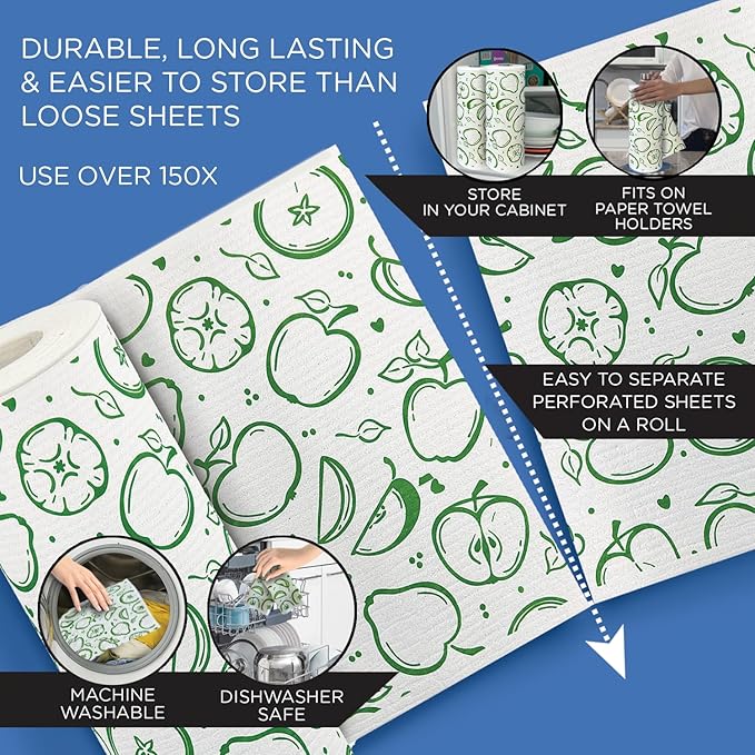 LOLA Swedish Dishcloths XL on a Roll, 30 Sheets, Fruit Pattern, Perforated Tear-Off 11" x 10" Sheets w/Hook, Reusable Absorbent Unpaper Towels Cellulose Sponge Cloth Biodegradable Made in Germany