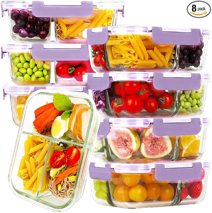 HOMBERKING 8 Pack Glass Meal Prep Containers 3 Compartment, 36oz Glass Food Storage Containers with Lids, Airtight Glass Lunch Bento Boxes