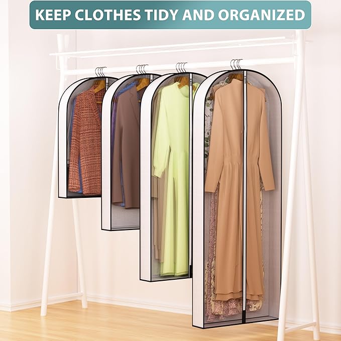 Liuoud 60” Garment Bags for Hanging Clothes 4” Gusseted - with Clear Window, Breathable Fabric, Metal Zipper, Suit Coat Long Dress Protector for Clothes Closet storage, Season Off, Moving, 5 Pack