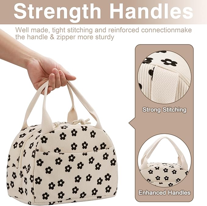 TESAFNG Lunch Bag - Insulated Lunch Box for Women, Reusable Large Capacity Cooler Bag for Adult, Small Leakproof Cute Corduroy Lunch Tote for Work Office Travel Picnic (Corduroy Black-Flower)