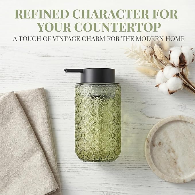 Green Glass Foaming Hand Soap Dispenser with Matte Black Pump Thick Embossed Bottle Refillable for Bathroom and Kitchen Decor 13.5 oz