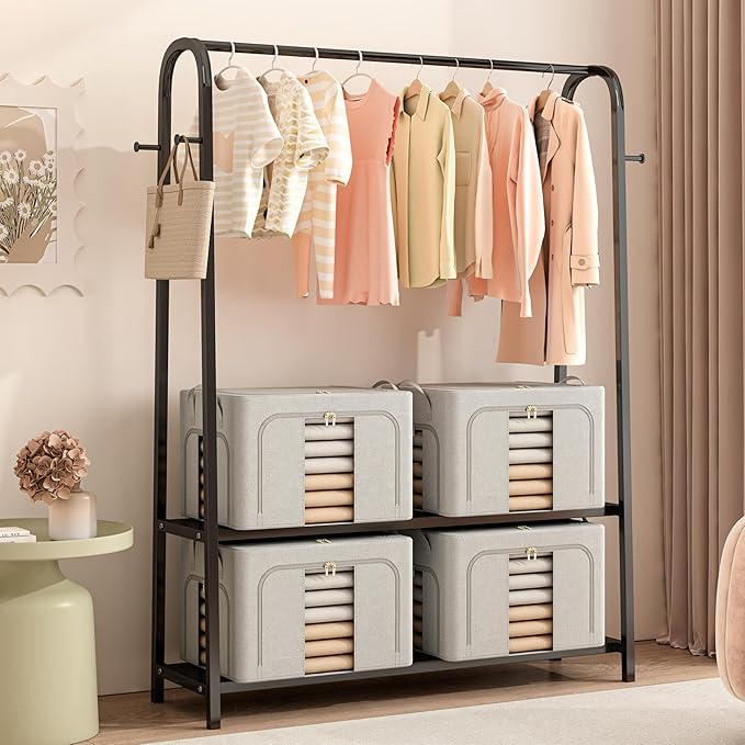 Pinkpum 3 Pack Clothes Storage Bins with Metal Frame, Closet Organizers and Storage Boxes, Stackable & Foldable Clothes Organizer Bags with Large Clear Window & Long Carry Handles, Grey Pattern 66L